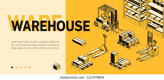 Vector 3d isometric site template with warehouse, forklift and boxes. Landing page in thin line style, internet portal for transport logistics. Yellow background with goods and storage.