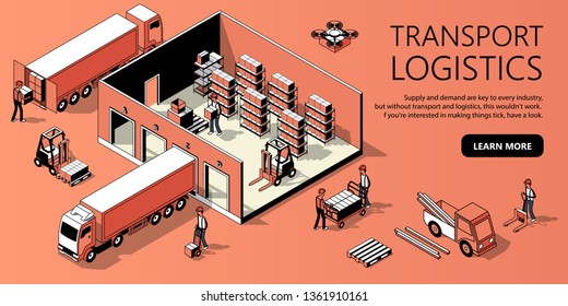 Vector 3d isometric site template with warehouse, truck and people. Landing page in thin line style, internet portal with button for transport logistics. Orange background with goods and storage.