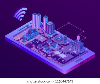 Vector 3d isometric smart city on smartphone screen, town map with navigation markers in ultra violet colors. Wireless internet technologies, mobile gps application and tracking concept illustration Vector 3d isometric smart city on smartphone screen, town map with navigation markers in ultra violet colors. Wireless internet technologies, mobile gps application and tracking concept illustration