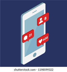 Vector 3D isometric smartphone icon. Social media theme. Image of mobile phone with message icons, likes and subscribers. Communication in social networks.