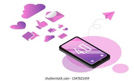 Vector 3d isometric smartphone with social media icon