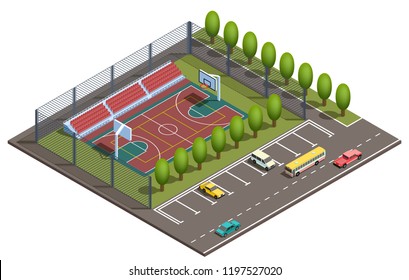 Vektor 3d isometrisches Stadion mit Platz für Basketballspiele, Parkplätze für Autos und Straße mit Fahrzeugen. Sportarena mit grünen Bäumen in der Nähe von Asphaltweg. Einzigartige Stadtplan, Stadtkonzept.