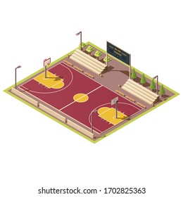 Vector 3d isometric stadium with field for street basketball games, tribune, fence, scoreboard, basket and hoop. Empty sport arena with urban basketball court. Isometry isolated on white background.