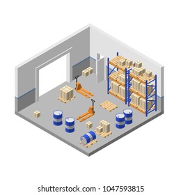 Vector 3d isometric storage, factory warehouse, logistic, delivery storehouse with shelves, boxes, forklifts, barrels, pallets for goods, cargo. Store room structure