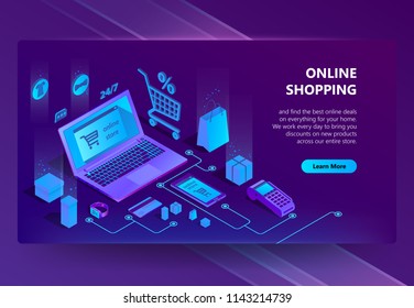 Vector 3d isometric template of e-commerce site, online store page with buton. Shopping service, payment by smartphone or laptop and delivery. Illustration in violet, ultraviolet colors.