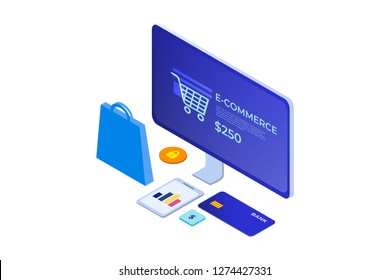 Vector 3d isometric template of e-commerce site, online store with screen monitor, bag, tablet, coin 