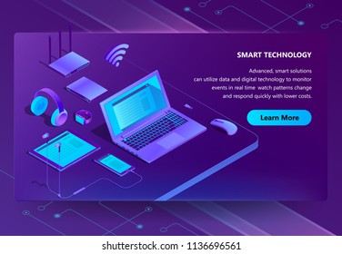 Vector 3d isometric template for site construction with violet laptop, router with wi-fi. Ultraviolet computer, smartphone and headphones with tablet. Portal with smart devices, wireless technology.