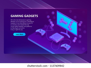 Vector 3d isometric template for site construction. Portal background with button, violet game console, joysticks. Ultraviolet gamepad, retro 8-bit technology. Electronic devices