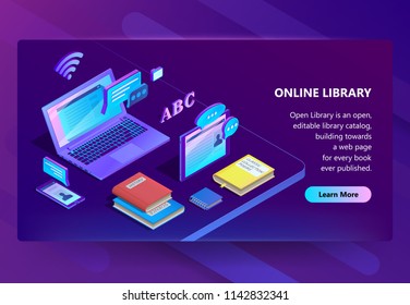 Vector 3d isometric template for site construction. Online library with violet laptop, books. Ultraviolet electronic documents, smartphone and tablet for e-learning. Portal with button and information