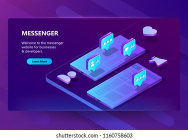 Vector 3d isometric template of site for messenger. Online chat business, development. Social service on smartphone for communication, messaging. Illustration in violet, ultraviolet color