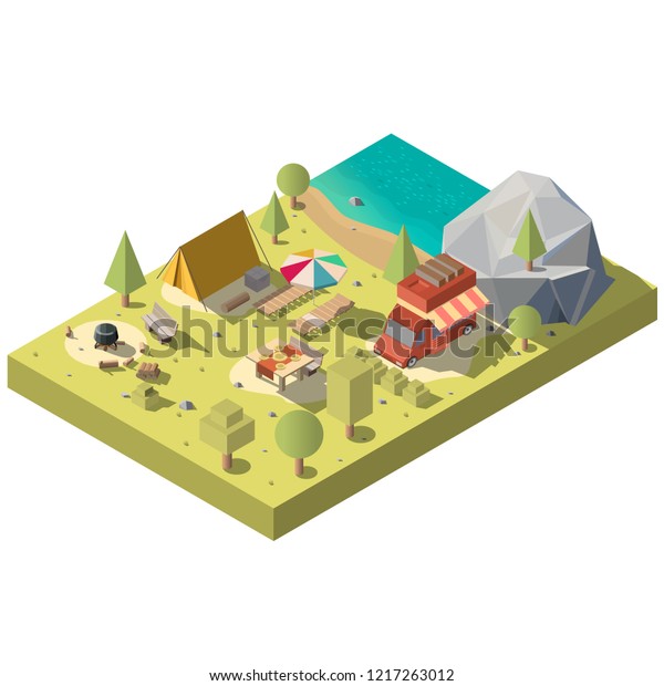 Vector 3d isometric territory for camping near\
the beach. Camp with tent, van and chaise-longue - picnic on\
nature, vacation concept. Forest landscape. Travel, tourism by car,\
encampment objects.