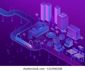 Vector 3d isometric train on road in megapolis with skyscrapers. City parking for cars in violet colors. Buildings with place for helicopter, bridge with ultraviolet lighting. Park in town.