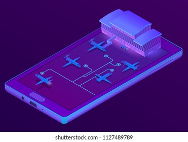 Vector 3d isometric ultraviolet smartphone with airport and planes - booking, reservation of tickets online by mobile app. Purple travel concept on display of electronic device