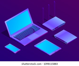 Vector 3d isometric violet laptop, router with wi-fi. Ultraviolet computer, smartphone for networking, cloud storage. Wireless technology, electronic mobile device.