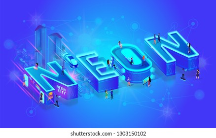 Vector 3d Isometric Word Neon Blue Ultramarine Color Effect. Little City People Walk at Big Letters And Live with Common Life Use Technology, Gadjets and Devices. Buildings, Cars, Urban Nightlife