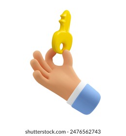 Vector 3d key in hand. Mortgage or apartment rent concept. Cartoon character arm hold in fingers yellow door key.