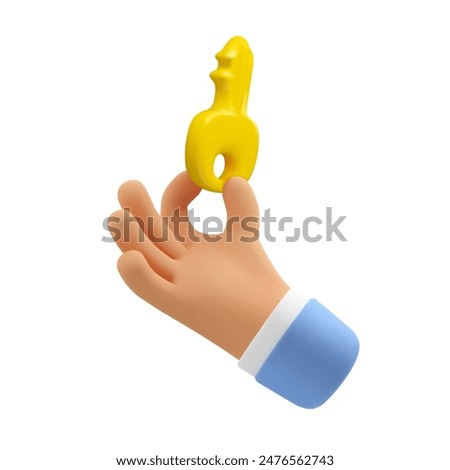 Vector 3d key in hand. Mortgage or apartment rent concept. Cartoon character arm hold in fingers yellow door key.