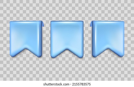 Vector 3d label icons for design. Three dimensional glossy blue bookmarks isolated on transparent background. 3d vertical ribbon tags in different positions with highlights and shadow.