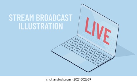 Vector 3d laptop on a blue background. Notebook with mirrored screen keyboard. Stream broadcast isometric vector illustration. Red symbol LIVE