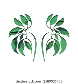 Vector 3d layered illustration of human kidneys. Paper cutting anatomical organs made of foliage. Healthy and eco-friendly lifestyle. Illustration for medical articles and banners