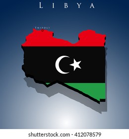 vector 3d Libya map with a flag on a blue background, EPS 10
