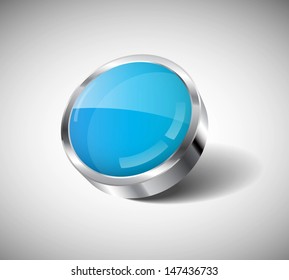 Vector 3d light blue glass and steel glossy round button