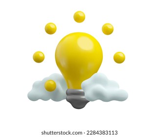 Vector 3d light bulb icon. Shining cartoon lamp in clouds isolated on white background. Idea or energy simple concept