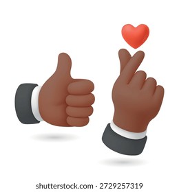 Vetor 3d Like e Mãos de Amor. Como "Love and Hands". Polegares para Cima e Dedo Coração Gesto com Ícone Coração Vermelho. Símbolo de reação nas redes sociais, isolado