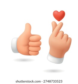 Vector 3d Like and Love Hands and Heart Set, Isolated. Like and Love Hands. Thumbs Up and Finger Heart Gesture with Red Heart Icon. Social Media Reaction Symbol, Isolated
