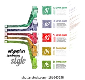 Vector 3d line arrow business concepts with icons. Hand drawn style