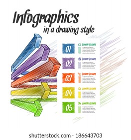 Vector 3d line arrow business concepts with icons. Hand drawn style