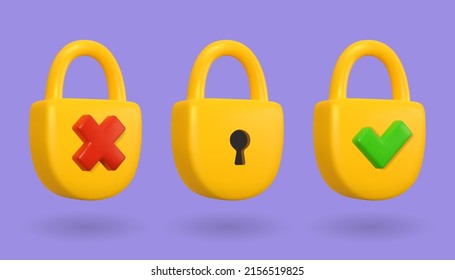 Vector 3d Lock Open And Closed Icon. Forgot Password Concept. Cartoon Render Yellow Padlock Isolated On White Background. Wrong Password Recovery Illustration Elements