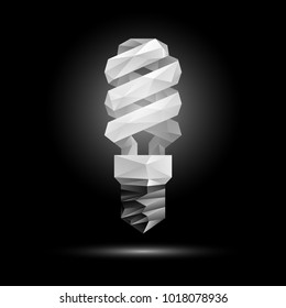 Vector 3d low poly fluorescent light bulb model. Glowing polygonal bulb illustration on a black background