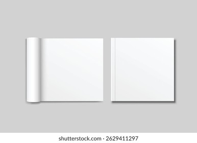 Vector 3d Magazine blank cover with rolled white paper pages mockup isolated on background. Folded sheets for the business presentation, journal, notebook, booklet, brochure, catalogue or a publisher
