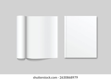 Vector 3d Magazine blank cover with rolled white paper pages mockup isolated on background. Folded sheets for the business presentation, journal, notebook, booklet, brochure, catalogue or a publisher
