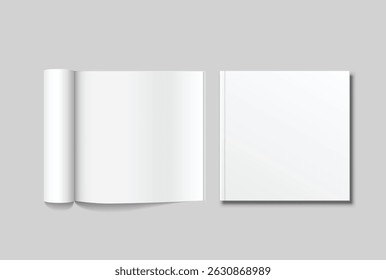 Vector 3d Magazine blank cover with rolled white paper pages mockup isolated on background. Folded sheets for the business presentation, journal, notebook, booklet, brochure, catalogue or a publisher
