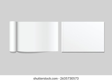 Vector 3d Magazine blank cover with rolled white paper pages mockup isolated on background. Folded sheets for the business presentation, journal, notebook, booklet, brochure, catalogue or a publisher