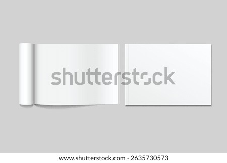 Vector 3d Magazine blank cover with rolled white paper pages mockup isolated on background. Folded sheets for the business presentation, journal, notebook, booklet, brochure, catalogue or a publisher