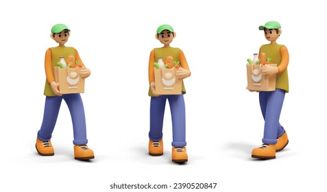 Vector 3D man carrying package from grocery store. Food delivery. Courier services. Organic farm products. Set of vector characters, view from different angles