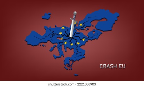 3D-Karte der Europäischen Union mit schwarzen Rissen, Sternen und einem festgeklemmten Schwert. Absturz EU, Inschrift