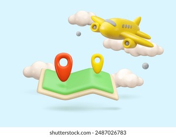 Vector 3d map with plane icon. Pin location, trip destination illustration. Airplane flight in clouds, travel concept