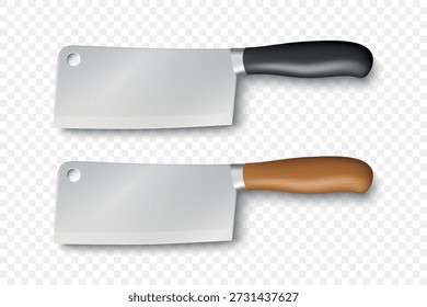 Juego de ilustración de cuchillo de cuchillo de cuchillo de carne 3d de Vector. Cuchillo de carnicero de cocina y cuchillo chino aislado. Herramienta de cocina de acero inoxidable para chef, restaurante, diseño de equipos culinarios