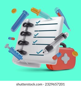Documento de papel médico vector 3d con elementos de dibujos animados brillantes. Seguro de salud, menú, prueba o lista de verificación. Ilustración mínima de ambulancia.
