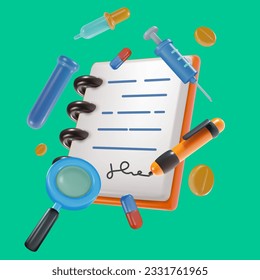 Documento de papel médico vector 3d con elementos de dibujos animados brillantes. Seguro de salud, menú, prueba o lista de verificación. Ilustración mínima de ambulancia.