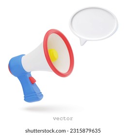 Vector 3d megaphone speaker or loudspeaker for announce promotion, alert, marketing, advertising with empty 3d speech bubble. Speakerphone Vector 3D cartoon illustration isolated on. 3D Illustration