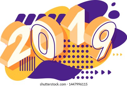 Vector 3d memphis style design on yellow color background with abstract element. Creative isometric illustration of number 2019 typography for web, site, banner, report, presentation