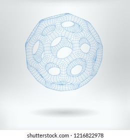 Vector 3D Mesh Hexagonal Buckminsterfullerene Carbon Concept Icon - Truncated Icosahedron Nanoparticles Scientific Fullerene Image
