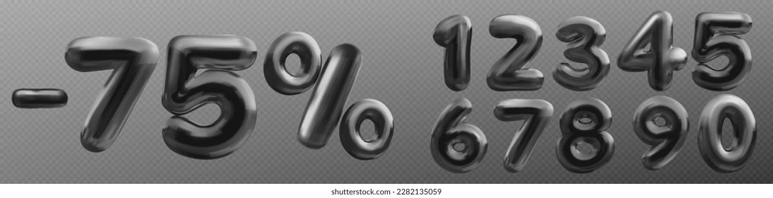 Vector 3d metal number font set. Glossy balloon alphabet sale set with 1, 2, 5 and 7 digit. Isolated luxury black abc set to type one, zero on transparent background. Bold rounded symbol icon