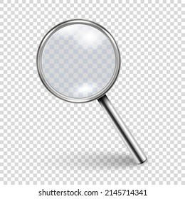 Vector 3d Metal Realista Vidrio de Magnificación o Icono de Loup Cerrado Aislado en Fondo Transparente. Plantilla de diseño de icono de vidrio de aumento para gráficos. Vista frontal