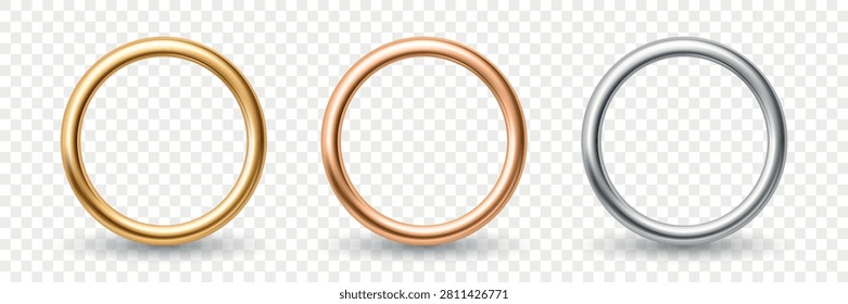 Vector 3d Metal Ring Set. Golden, Bronze, Silver Ring Frames Isolated. Metallic Circle Borders. Round Frame Elements